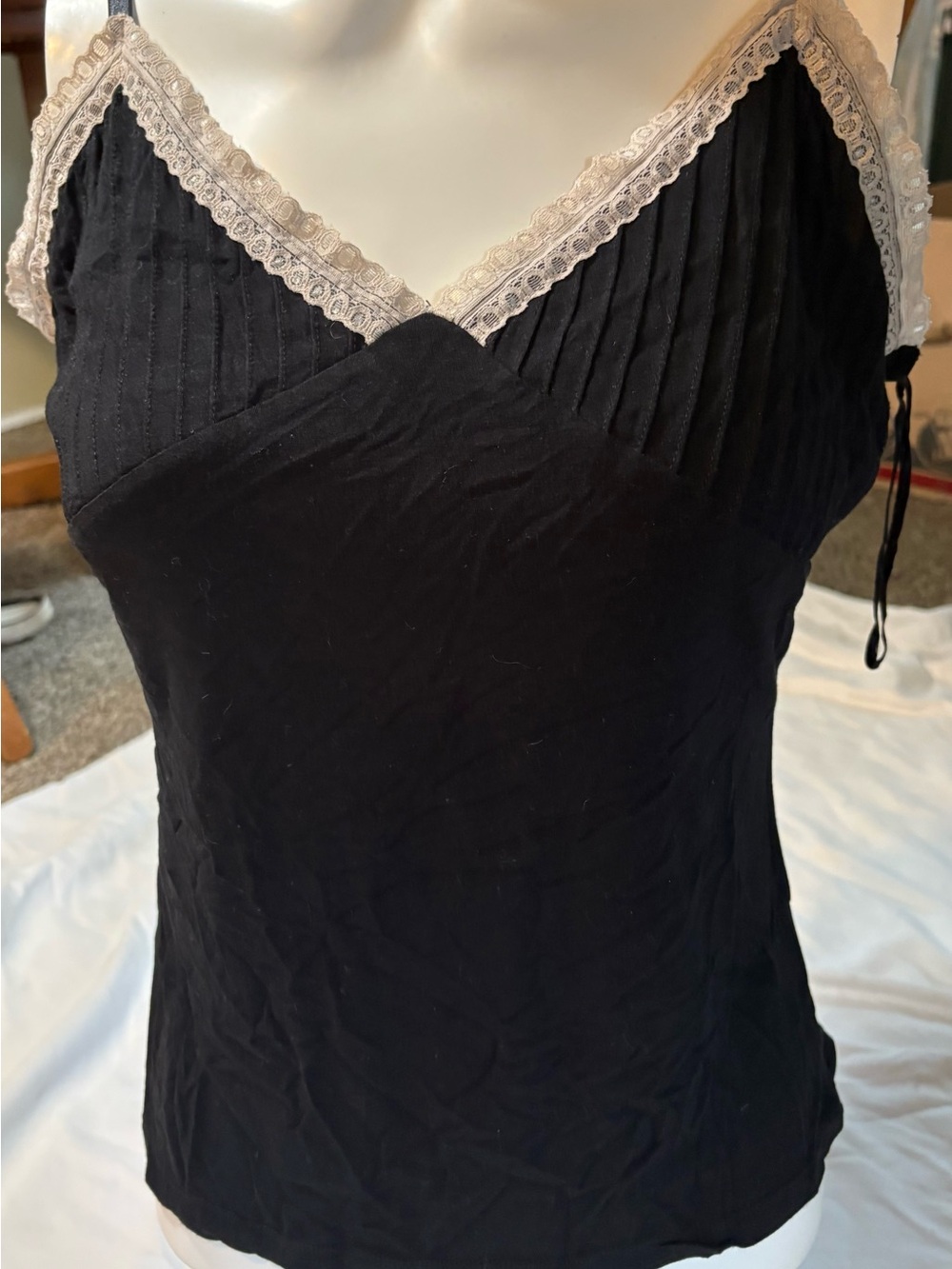 INC International Concepts Black V-Neck Cami with Cream Lace Trim